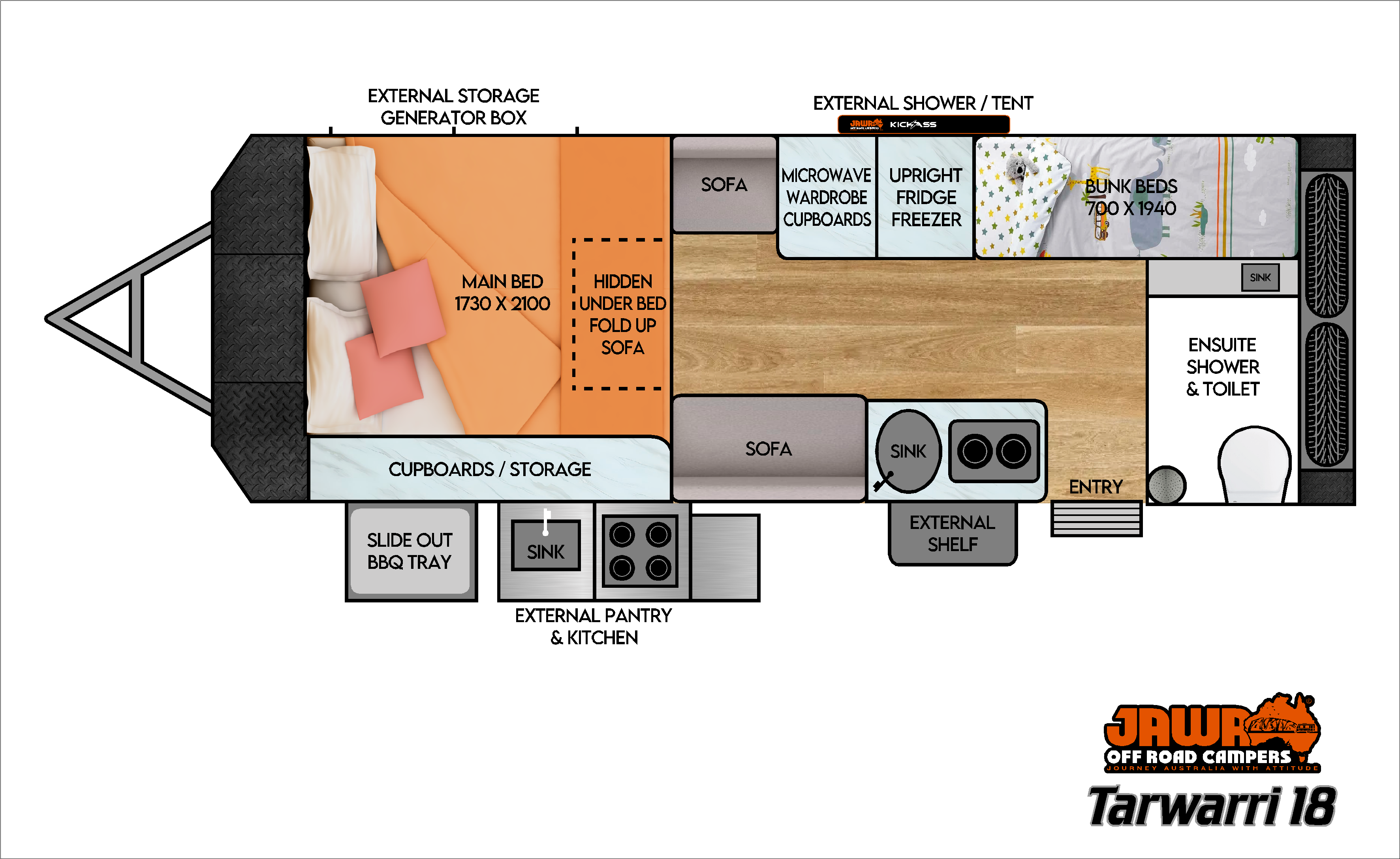 Floor plan layout of Tarwarri 18ft off road caravan with bunks and ensuite